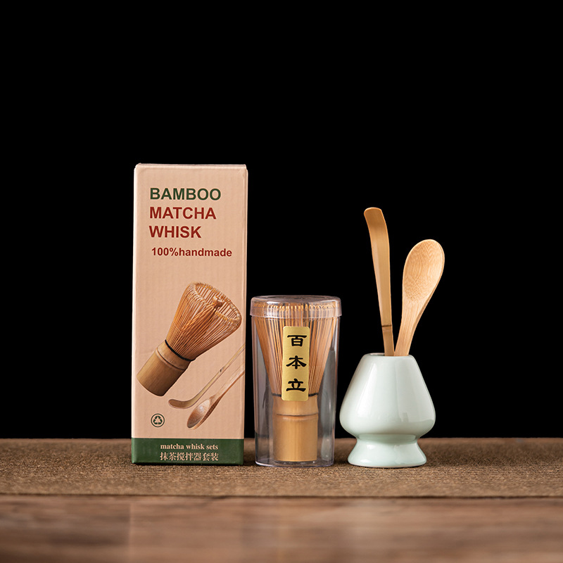 Bamboo Whisk Chasen - 4-delige bamboe matcha-klopperset met honderd tanden,