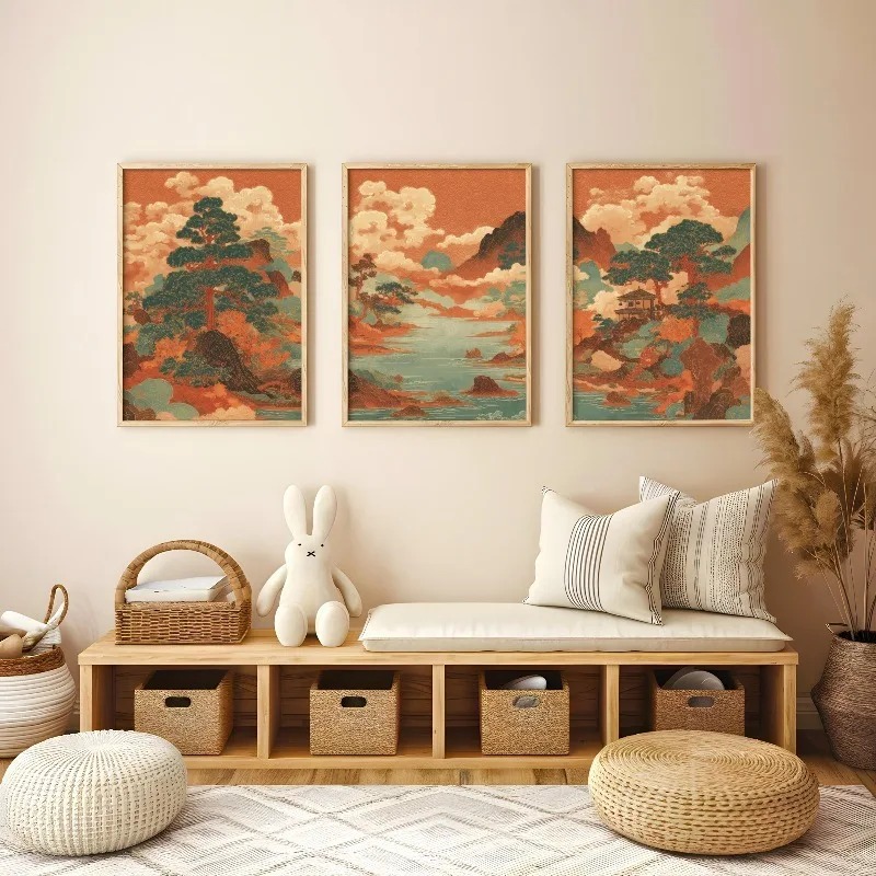 Japanese Living Lifestyle - 3 stuks vintage Japanse Ukiyo-e rode